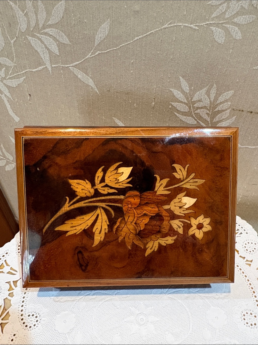 Antique Italian Inlaid Wood Jewelry Music Box
